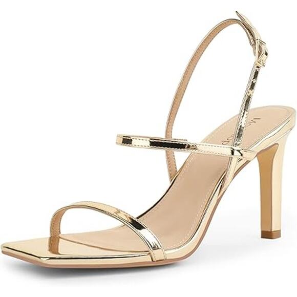 New Modatope Womens 6 Shiny Gold Ankle Strap Open Toe 3.5" Heel Sandal Shoes - Picture 1 of 6